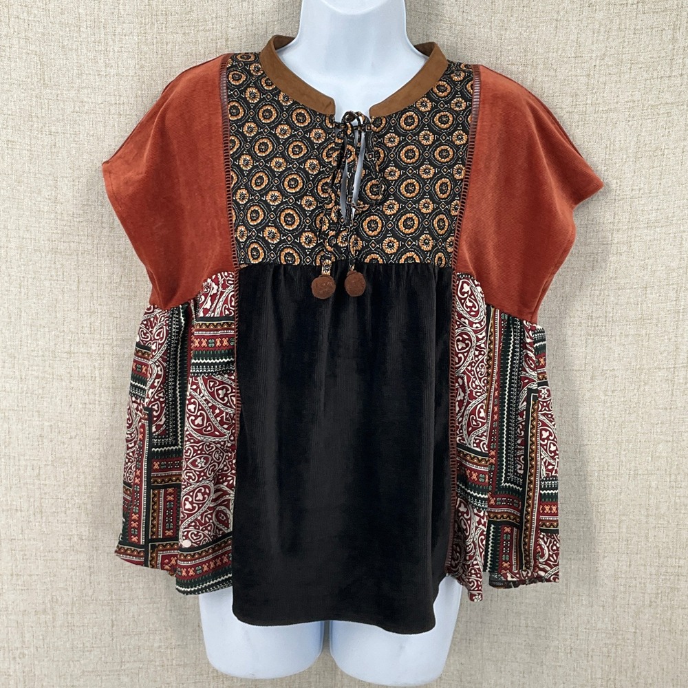 THML Blouse Womens‎ Small Black Multicolor Mixed Media Boho Western Corduroy Top